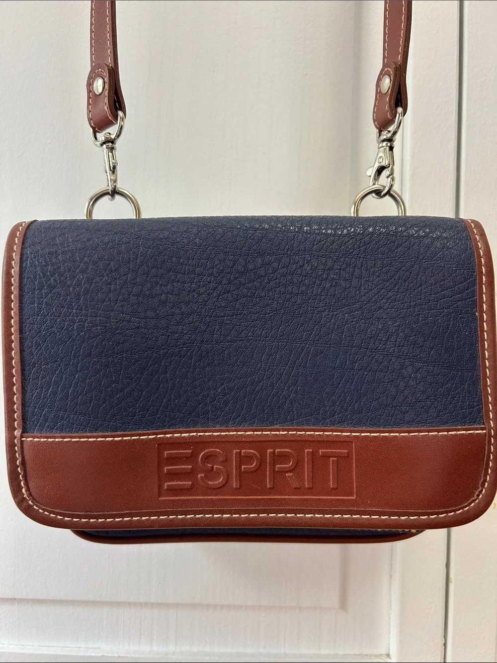 Esprit Navy and Brown Leather Accent Crossbody Bag